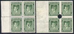 Newfoundland 1941-44 KG6 2c perf & imperf matched proof blocks of 4 ex archives for checking, each stamp with Waterlow security punch hole, some wrinkling, SG277