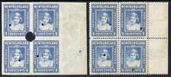 Newfoundland 1941-44 KG6 Princess Elizabeth 4c in perf & imperf proof blocks of 4 from Waterlow archives, each stamp with security punch hole, SG279 some wrinkling