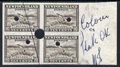 Newfoundland 1941-44 KG6 Salmon 10c black-brown imperf marginal PROOF block of 4 each stamp with Waterlow security punch hole, endorsed in margin 'Colour & Plate OK', some wrinkles but an unique KG6 item (as SG 283)