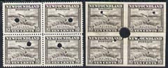 Newfoundland 1941-44 KG6 Salmon 10c in perf & imperf proof blocks of 4 from Waterlow archives, each stamp with security punch hole, SG283 some wrinkling