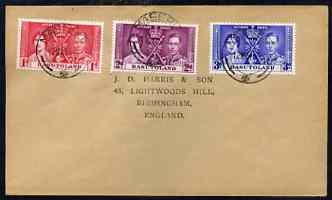 Basutoland 1937 KG6 Coronation set of 3 on cover with first day cancel addressed to the forger, J D Harris.,Harris was imprisoned for 9 months after Robson Lowe exposed him for applying forged first day cancels to Coronation cover……Details Below