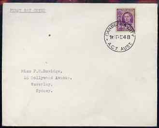 Australia 1948 KG6 2d purple on plain typed addressed cover with clear first day cancel of 16 Dec (Gibbons say 20 Dec) stamp has been applied over the cancel and is almost certainly a maunfactured (forged) cover