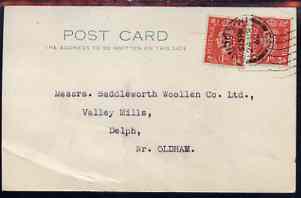 Great Britain 1942 Commercial postcard bearing pair KG6 1d pale scarlet with 'D' perfin (Debenham & Company), card creased at corner