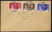 Nigeria 1937 KG6 Coronation set of 3 on cover with first day cancel addressed to the forger, J D Harris.,Harris was imprisoned for 9 months after Robson Lowe exposed him for applying forged first day cancels to Coronation covers (details supplied).