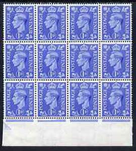 Great Britain 1950-52 KG6 1d light ultramarine marginal block of 8 showing damaged jubilee line below stamps R20/8 and R20/10 (ex cyl 191 dot) stamps unmounted mint (mounted in margin)