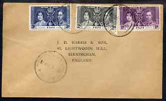 Fiji 1937 KG6 Coronation set of 3 on cover with first day cancel addressed to the forger, J D Harris.,Harris was imprisoned for 9 months after Robson Lowe exposed him for applying forged first day cancels to Coronation covers (details supplied).