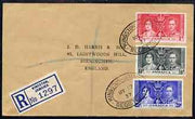 Jamaica 1937 KG6 Coronation set of 3 on reg cover with first day cancel addressed to the forger, J D Harris.,Harris was imprisoned for 9 months after Robson Lowe exposed him for applying forged first day cancels to Coronation cove……Details Below