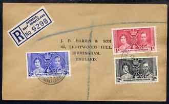 Somaliland 1937 KG6 Coronation set of 3 on reg cover with first day cancel addressed to the forger, J D Harris.,Harris was imprisoned for 9 months after Robson Lowe exposed him for applying forged first day cancels to Coronation c……Details Below