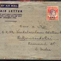 Malaya - BMA 1946 Air Letter to Ramnad District, India bearing KG6 25c lightly cancelled with Nattarasankottai back stamps