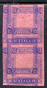 New Zealand 1947-52 KG6 1s3d imperf proof pair of frame only in blue on pink safety paper with additional impression of frame inverted.,Reverse shows various impressions of Pakistan 4as & 8as (portions of 8 stamps)