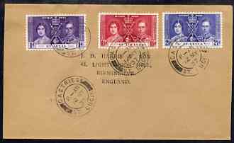 St Lucia 1937 KG6 Coronation set of 3 on cover with first day cancel addressed to the forger, J D Harris.,Harris was imprisoned for 9 months after Robson Lowe exposed him for applying forged first day cancels to Coronation covers (details supplied).