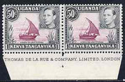 Kenya, Uganda & Tanganyika 1938-54 KG6 Dhow on Lake Victoria 50c P13 x 11.75 marginal pair with DLR imprint stamps unmounted mint SG144a