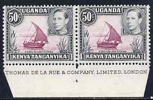 Kenya, Uganda & Tanganyika 1938-54 KG6 Dhow on Lake Victoria 50c P13 x 11.75 marginal pair with DLR imprint stamps unmounted mint SG144a