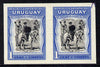 Uruguay 1952 Death Centenary of General Artigas 1c (Artigas on horseback) imperf proof pair in issued colours with security punch holes & minor wrinkles (ex Waterlow archives) As SG 1010