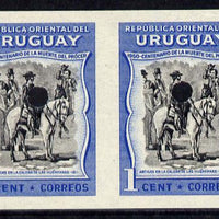 Uruguay 1952 Death Centenary of General Artigas 1c (Artigas on horseback) imperf proof pair in issued colours with security punch holes & minor wrinkles (ex Waterlow archives) As SG 1010