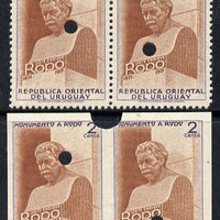 Uruguay 1948 Monument to Rodo (Writer) 2c (Statue of Rodo) perf & imperf proof pairs in issued colours each with security punch holes & slight soiling (ex Waterlow archives) As SG 979