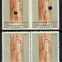 Uruguay 1948 Monument to Rodo (Writer) 1c (Statue of Ariel) imperf proof pair in issued colours with security punch holes & slight soiling plus issued stamp (ex Waterlow archives) As SG 978