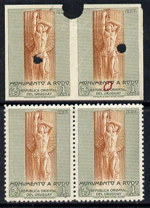 Uruguay 1948 Monument to Rodo (Writer) 1c (Statue of Ariel) imperf proof pair in issued colours with security punch holes & slight soiling plus issued stamp (ex Waterlow archives) As SG 978