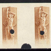 Uruguay 1948 Monument to Rodo (Writer) 1c (Statue of Ariel) imperf proof pair of vignette only in issued colour with security punch holes & slight soiling (ex Waterlow archives) As SG 978, plus issued stamp