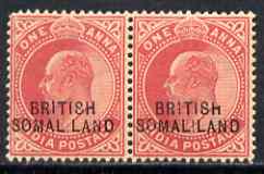 Somaliland 1903 KE7 opt at bottom on 1a horiz pair, one with 'SOMAL LAND' variety, the other with 'BRITISh' overal toning and corner perf fault, mounted mint SG26d