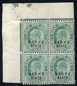 Indian States - Nabha 1903-09 KE7 1/2a green corner block of 4, one stamp with 'broken T in State' variety, wrinkles but unmounted mint SG38