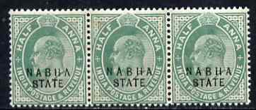 Indian States - Nabha 1903-09 KE7 1/2a green strip of 3, one stamp with 'broken A in State' variety, tiny tone but unmounted mint SG38