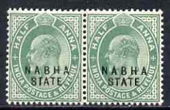 Indian States - Nabha 1903-09 KE7 1/2a green horiz pair, one stamp with 'broken A in Nabha' variety, unmounted mint SG38