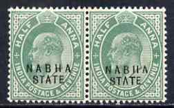 Indian States - Nabha 1903-09 KE7 1/2a green horiz pair, one stamp with 'broken A in State' variety, unmounted mint SG38