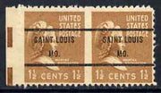 United States 1938-54 Martha Washington 1.5c fine mounted mint pair IMPERF BETWEEN with St Louis MO pre-cancel, mint pair Sc805b