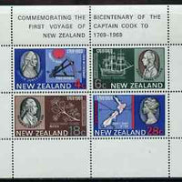 New Zealand 1969 Bicentenary of Captain Cook's Landing m/sheet showing retouch under 'Transit' on 4c value, unmounted mint SG MS 910var