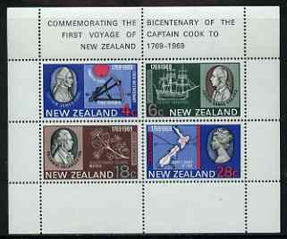 New Zealand 1969 Bicentenary of Captain Cook's Landing m/sheet showing retouch under 'Transit' on 4c value, unmounted mint SG MS 910var