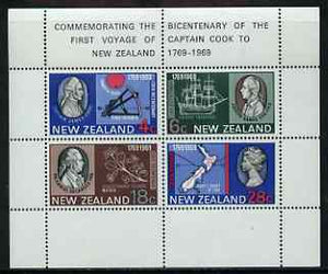 New Zealand 1969 Bicentenary of Captain Cook's Landing m/sheet showing retouch under 'Transit' on 4c value, unmounted mint SG MS 910var