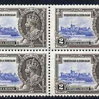 Trinidad & Tobago 1935 KG5 Silver Jubilee 2c block of 4, one stamp with 'vert line above N of Trinidad' unmounted mint