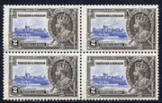 Trinidad & Tobago 1935 KG5 Silver Jubilee 2c block of 4, one stamp with 'vert line above N of Trinidad' unmounted mint