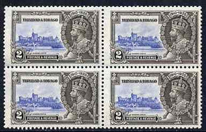 Trinidad & Tobago 1935 KG5 Silver Jubilee 2c block of 4, one stamp with 'vert line above N of Trinidad' unmounted mint