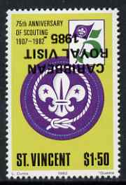 St Vincent 1985 Caribbean Royal Visit on $1.50 Scout Anniversary with overprint inverted, unmounted mint as SG 936