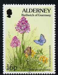 Guernsey - Alderney 1994-98 Flora & Fauna Defs 16p Common Blue (butterfly) & Orchid unmounted mint SG A70