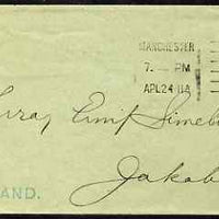 Great Britain 1911 cover to Jakobstag, Finland bearing KE7 1/2d with FINLAND in green