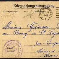 Germany 1918 Prisoner of War card from wickau Camp, Sazony to France, various markings including the unusual impressed albino censor stamp.