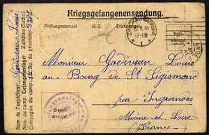 Germany 1918 Prisoner of War card from wickau Camp, Sazony to France, various markings including the unusual impressed albino censor stamp.