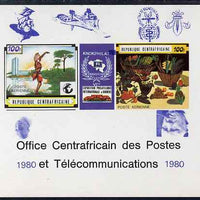 Central African Republic 1980 opt on 1970 'Knokphila 70' Stamp Exhibition 100f triptych deluxe proof card in full issued colours (as SG 223-4) opt'd in blue inverted showing Scout & Malaria logos, Concorde, Baden Powell, Churchill & Pope