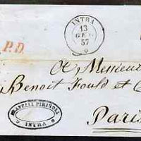 Italy 1857 entire from Intra to Paris with PD handstamps in red & black, various backstamps