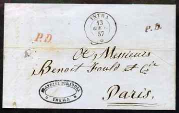 Italy 1857 entire from Intra to Paris with PD handstamps in red & black, various backstamps