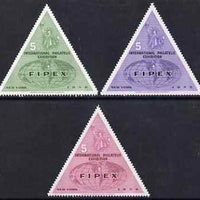 Cinderella - United States 1956 FIPEX International Philatelic Exhibition set of 3 triangular perf labels mounted mint