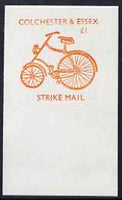 Cinderella - Great Britain 1988 Colchester & District Messenger Service imperf proof of £1 Strike Mail label in orange showing Bicycle unmounted mint