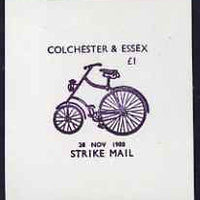 Cinderella - Great Britain 1988 Colchester & District Messenger Service imperf proof of £1 Strike Mail label in mauve showing Bicycle and dated 28 Nov 1988 unmounted mint