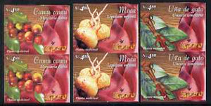 Peru 2004 Medicinal Plants set of 3 in imperf proof pairs, each with MUESTRA (Specimen) handstamp on the backs, otherwise unmounted mint