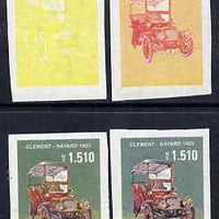 Uruguay 1991 Old Cars 1510p Clement-Bayard set of 4 imperf progressive proofs comprising single, 2-colour, 3-colour and all 4-colour composites on gummed watermarked paper, as SG 2056