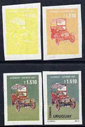 Uruguay 1991 Old Cars 1510p Clement-Bayard set of 4 imperf progressive proofs comprising single, 2-colour, 3-colour and all 4-colour composites on gummed watermarked paper, as SG 2056