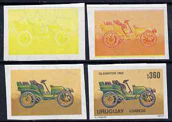 Uruguay 1991 Old Cars 360p Gladiator set of 4 imperf progressive proofs comprising single, 2-colour, 3-colour and all 4-colour composites on gummed watermarked paper, as SG 2053